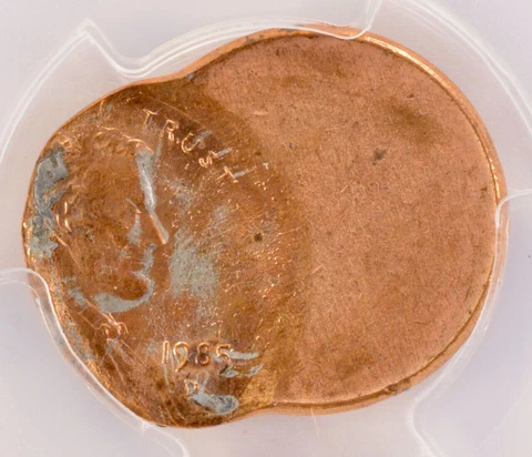 1985-D PCGS 1c Lincoln Cent Struck 65% Off-Center @ K-8 MS62 Red Cover