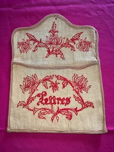 Porte lettres ancien en lin brodé main Art Déco - Imagen 1 de 5