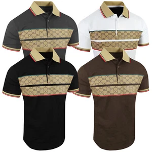 Polo Shirt Sport Stripe Chest Panel Italian Logo Print Slim Fit Stretch T-Shirt - Picture 1 of 14