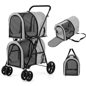 4-in-1 Double Pet Stroller w/ Detachable Carrier Travel Carriage for Cats Gray - Picture 1 of 9