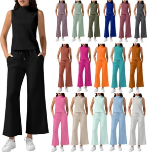 Two Piece Sets Women Summer Lounge Mock Neck Tops Wide Leg Crop Pants Outfits - Picture 1 of 180