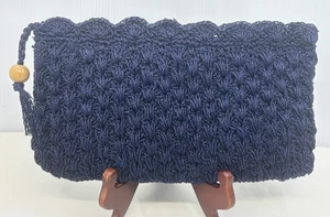 Vintage 1981 Navy Blue Crocheted Clutch with Zipper Closure Tassel Made in Japan - Picture 1 of 8
