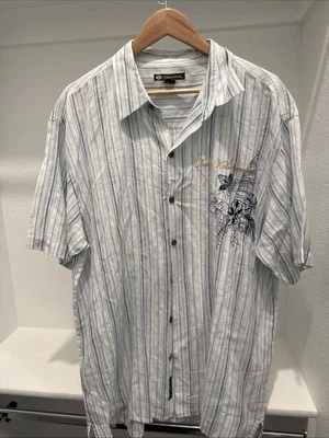 Duke Kahanamoku Hemp Cotton Blue Striped Embroidered Hawaiian Casual Shirt XL - Image 1 of 4