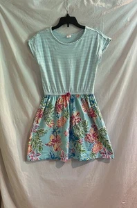 Gymboree Girls Large 10-12 Light Blue Striped & Floral Short Sleeve Cotton Dress - Picture 1 of 10