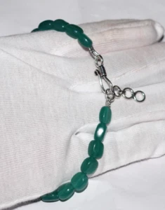925 Sterling Silver 5 Inch String Bracelet Green Onyx Gemstone Smooth Oval Beads - Picture 1 of 11