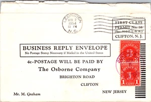 UNITED STATES 1954 POSTAL BUSINESS REPLY ENVELOPE POSTAGE DUE 4 CENTS CANC N.C. - Picture 1 of 2