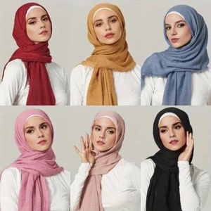 Crinkle Scarf Ladies Maxi Long Hijab Frayed Edges Crimp Mix Cotton Shawl Wrap - Picture 1 of 67