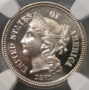 1871 THREE CENT NICKEL AMAZING BEAUTY VERY RARE POP 5/1 *NGC PF 67 ⭐️STAR CAMEO* - Picture 1 of 7