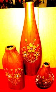 Bohemian~Vases Brown Ceramic Faux Wood Glazed Texture Rhinestone Flowers 3Pcs - Picture 1 of 20