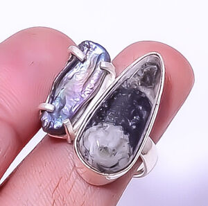 Fossil Orthoceras & Biwa Pearl Gemstone 925 Silver Handmade Ring s.7 A319