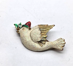 Red Green White Glitter Enamel Bird Of Peace Christmas Brooch Vintage - Picture 1 of 4