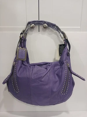 Bolso Hobo de Hombro de Cuero B Makowsky Cartera Lila Púrpura Hebillas Tachuelas Nuevo Suave Foto 1 de 4