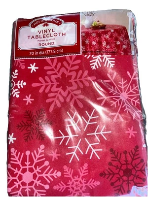 Holiday Time Vinyl Tablecloth Round 70” Christmas Snowflakes New - Image 1 of 2