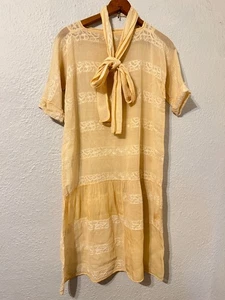 Antique 1920s Medium Day Dres PeachSheer Art Deco Lace Tea Dress Sash Vtg - Picture 1 of 7