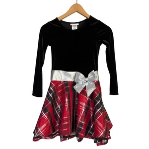 Bonnie Jean Girl's Size 8 Long Sleeve Velvet Holiday Party Dress Red Black Plaid - Picture 1 of 8