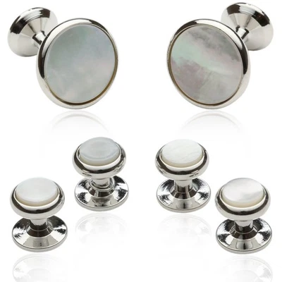 Mother of Pearl and Silver-tone Cufflinks and Studs Tuxedo Formal Set with Pr... - Image 1 of 4
