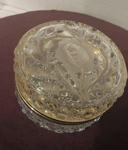 Vintage Schliff Kristall Geätzt Schmuck/Kommode Box Französischer Stil Rund Klappdeckel Messing - Bild 1 von 6
