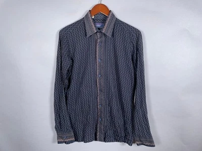 70s Arrow Shirt Adult Medium Dark Blue Geometric Pattern Disco Mod Sheer - Image 1 of 4