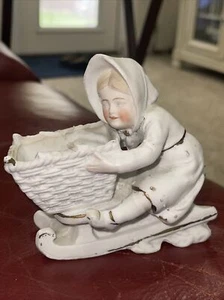 Antique Sunbonnet Bisque Girl With Sled Spill Vase Carl Schneider Mark Toothpick - Picture 1 of 9