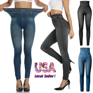High Waist Denim Print Fake Faux Jeans Leggings Women Skinny Pants Trousers US - Picture 1 of 20