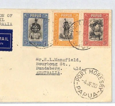 PAPUA Air Mail Cover Port Moresby FIRST FLIGHT AUSTRALIA Bundaberg 1938 XC318 - Image 1 of 4