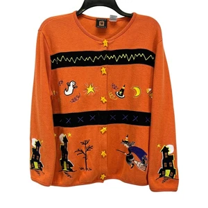 Halloween Cardigan Sweater Orange Witch Ghost Haunted House Onque Casuals Sz Med - Picture 1 of 14