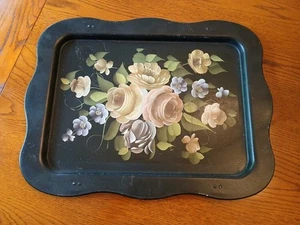 Vintage Hand Painted Toleware Floral Snack Tray Table Top - Picture 1 of 5