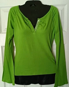 Y2K Bell Sleeve Babydoll T Shirt  Med Split Neck Green Whimsigoth Fairy Grunge  - Picture 1 of 6