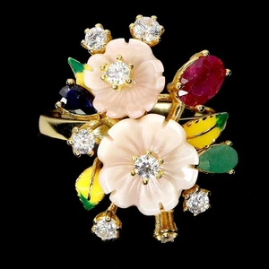 925 Sterling Silver Ring Oval Ruby Emerald Mop Sapphire Gemstone Enamel Flower 8 - Picture 1 of 13