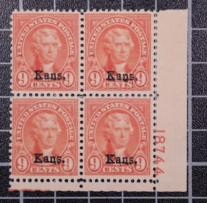 Scott 667 - 9 Cents Jefferson MNH Plate Block Kansas #18744 SCV $375.00 - Picture 1 of 2