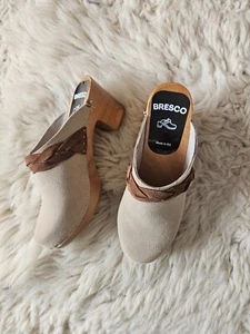 Heeled Swedish wooden clogs on high heel in beige suede leather and brown braids - Picture 1 of 11