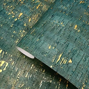 real natural cork Wallpaper green gold metallic striped textured wallcoverings - Picture 1 of 11