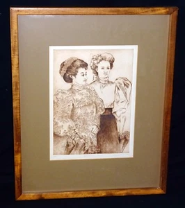 '80 Hawaii Sepia Etching Print 10/175 Two Hawaiian Ladies by Franki Morris (Wil - Picture 1 of 12
