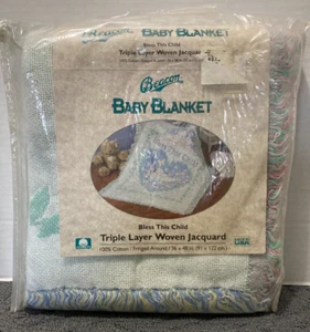 Beacon Baby Blanket “Bless This Child” Woven Jacquard Triple Layer 36x48 in. VTG - Picture 1 of 13