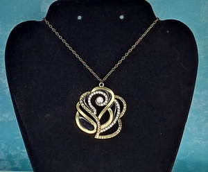Large Gold Silver Toned Rose with Rhinestones Pendant Necklace - Picture 1 of 4
