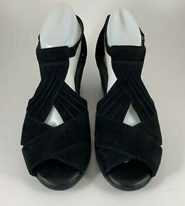 Earth Shoes Curvet Black Suede Wedge Heel Peep Toes Sandals Shoes Size 9.5 B
