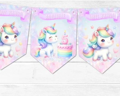 Banderín personalizado para fiesta de cumpleaños de unicornio arco iris - cualquier edad de 1 a 9 años Foto 1 de 3