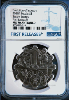 2018 Evolution of Industry - STEAM Gear-Shaped ANTIQUED 1oz Silver NGC MS70 - Image 1 of 4