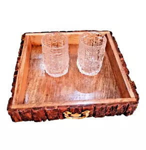 Handmade Rustic Solid Wood Serving Tray with Handles Vintage Square Food Platter - Picture 1 of 11