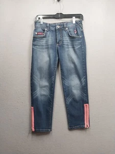 Baby Phat Jeans Size 3 Medium Wash Ankle Zipper Pink Embroidered Pocket Logo - Picture 1 of 13
