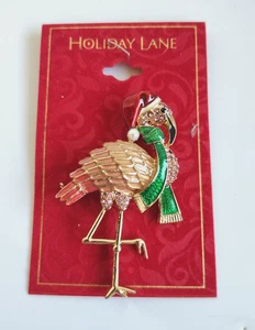 Holiday Lane Vintage Flamingo emailliert und Kristall Weihnachten Brosche Anstecknadel - Bild 1 von 3