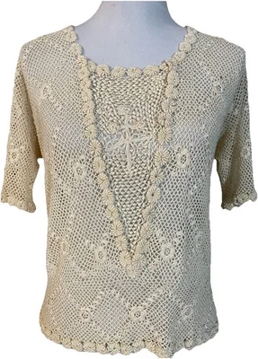 Blusa Floral Crochet Años 70 Talla M Marfil Argyle Tejido Abierto Boho Clásica Hecha en EE. UU. Foto 1 de 4