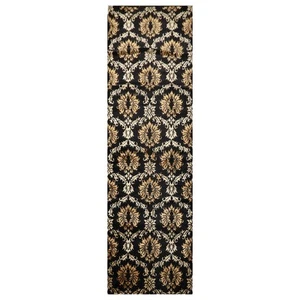 Damask Tibetan Runner Hand Knotted Wool & Silk Area Rug Black 3'11" x 11'9" - Picture 1 of 2