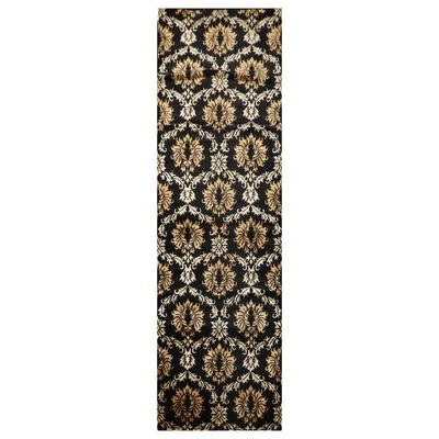 Damask Tibetan Runner Hand Knotted Wool & Silk Area Rug Black 3'11" x 11'9" - Image 1 of 2