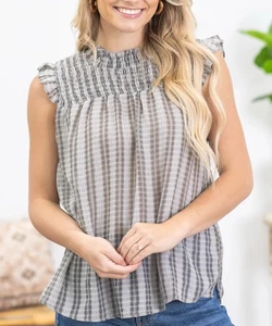 Nuevo con etiquetas Mystree | Top gris sin mangas a cuadros transparentes, talla pequeña BG - Imagen 1 de 2