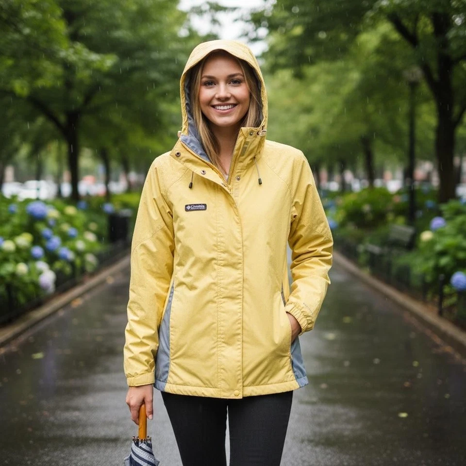 Chaqueta de lluvia Columbia para mujer mediana amarilla gris empaquetable con capucha impermeable Foto 1 de 4