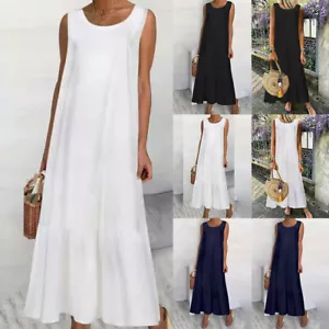 Women Round Neck Loose Sleeveless Sundress Ladies Summer Cotton Linen Maxi Dress - Picture 1 of 15