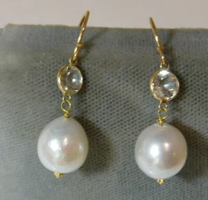 Originale Bianco Perla Lunetta Cristallo 14k Oro Gancio Filo Orecchini Pendenti - Foto 1 di 4