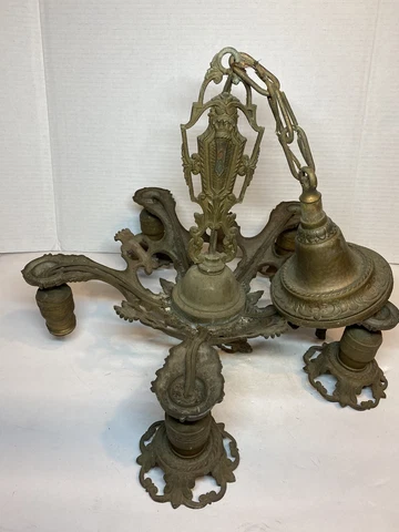 Antique Art Deco Nouveau Brass Tone Five Arm Hanging Chandelier Needs Work Cover