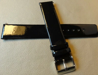 New 18mm Mens Genuine Patent Glossy Leather Black Watch Band Silver Tone Buckle - Image 1 of 4
